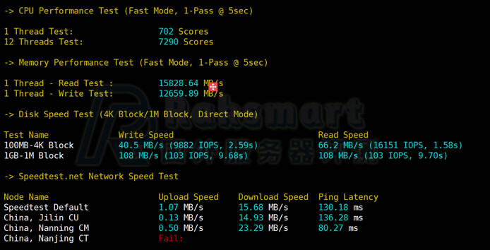 Raksmart日本服务器CPU和内存性能